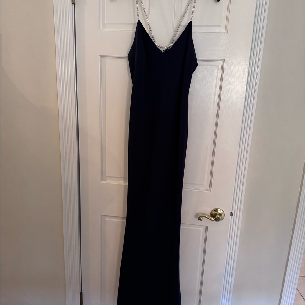 Pearl Strap Navy Evening Gown
